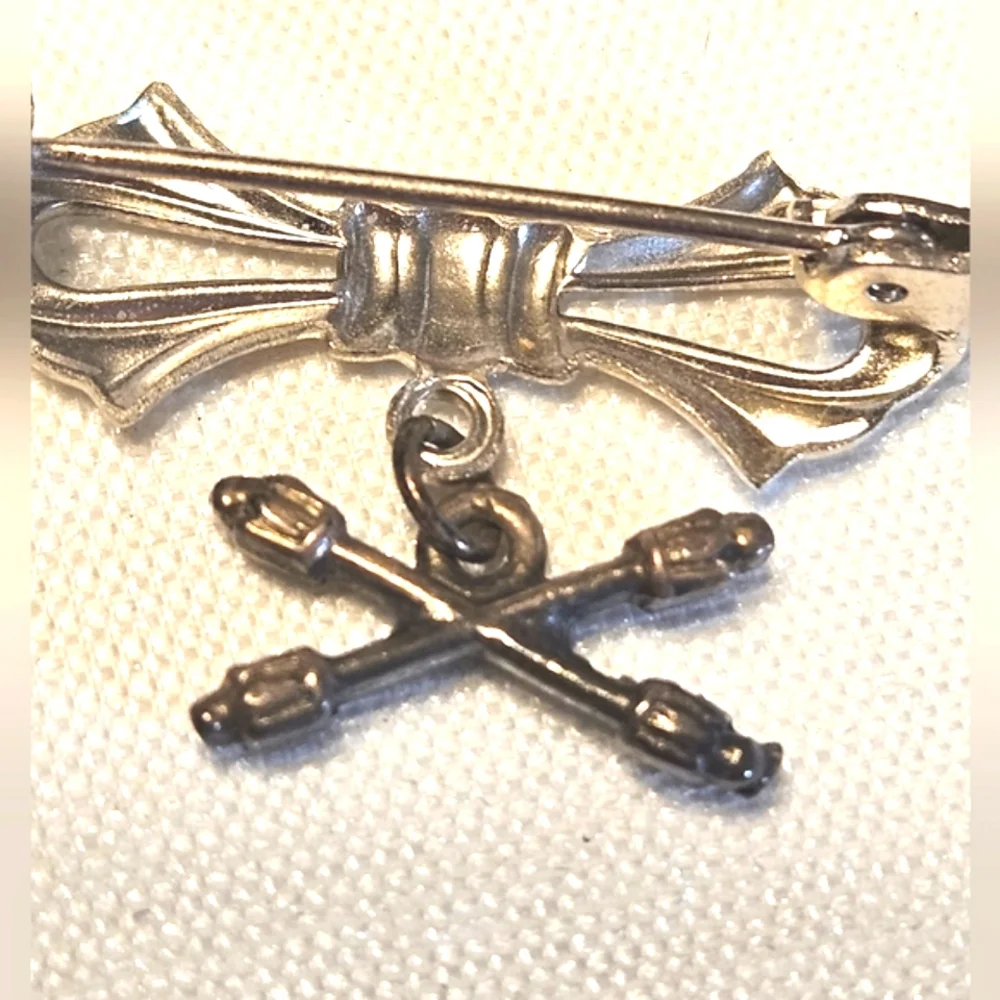 Vintage Silver-Tone Bow Pin with Crossed Batons Charm